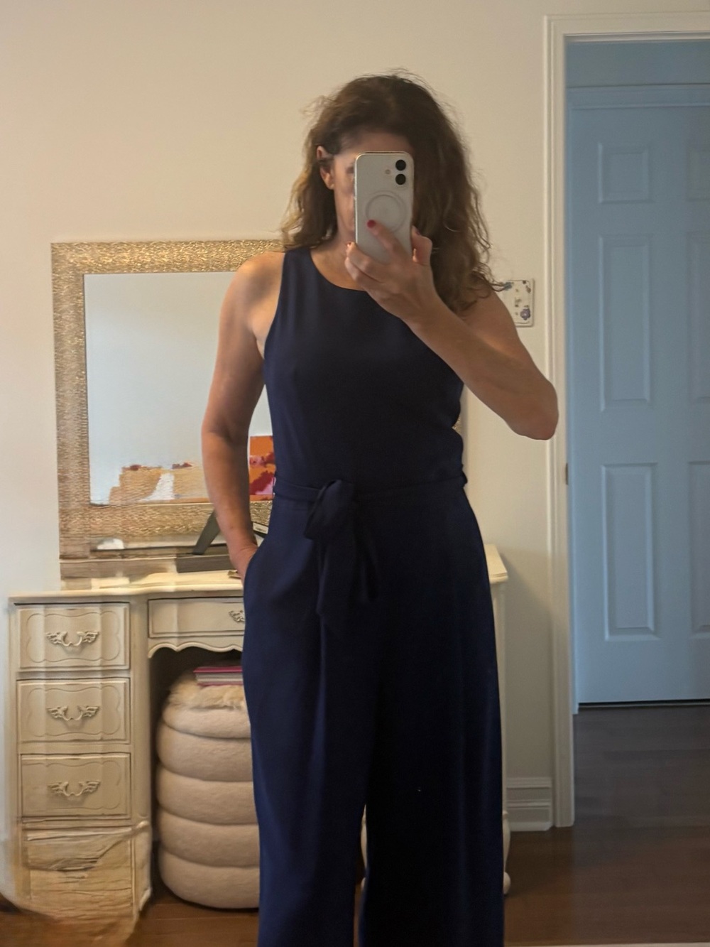 Banana Republic Navy Sleeveless Cropped Wide-Leg Jumpsuit with Waist Tie